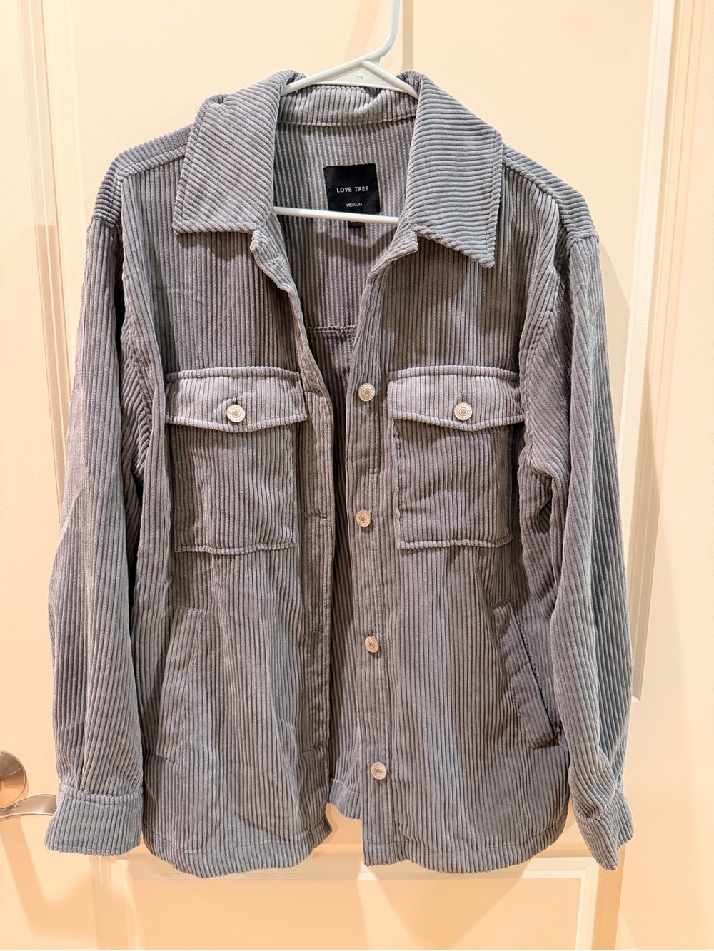 Love Tree Men's Light Gray Corduroy Shacket with Chest Pockets